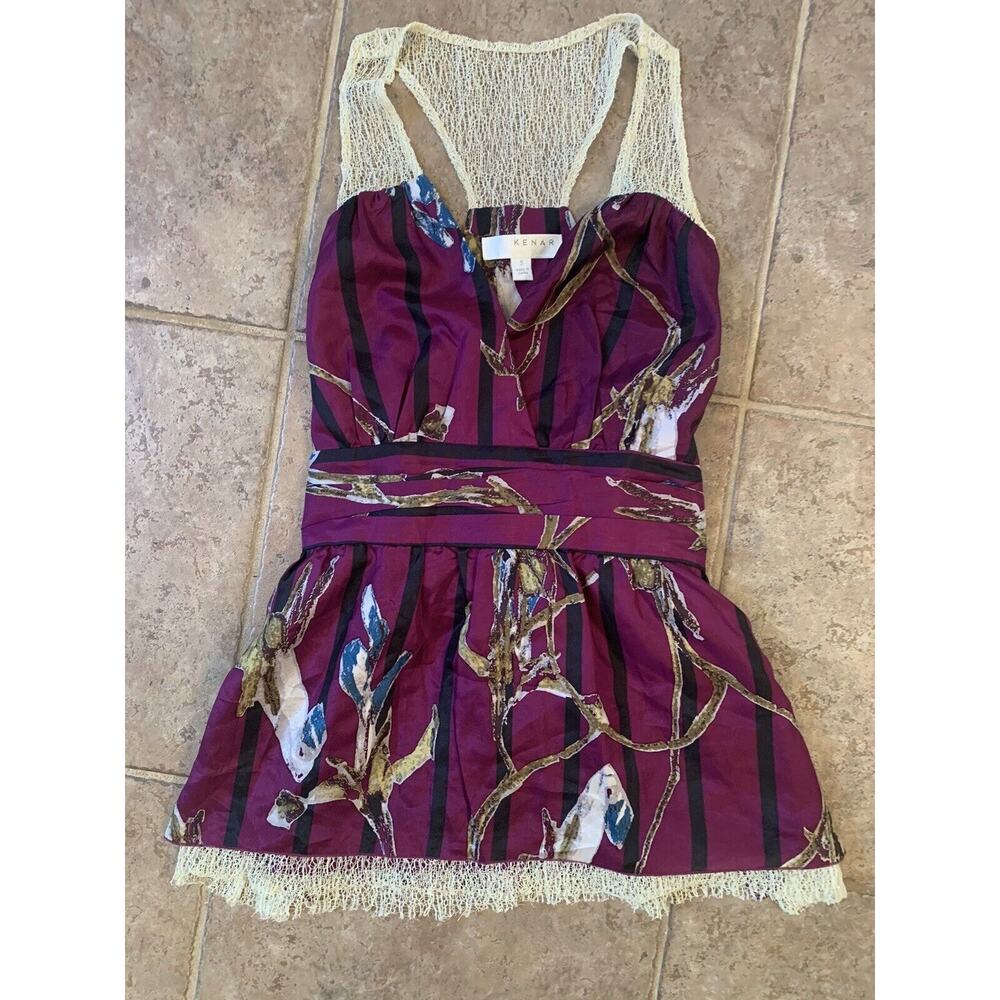 Kenar S Silk Purple Floral Print Tank Top Blouse Elastic Empire Waist Tie Belted